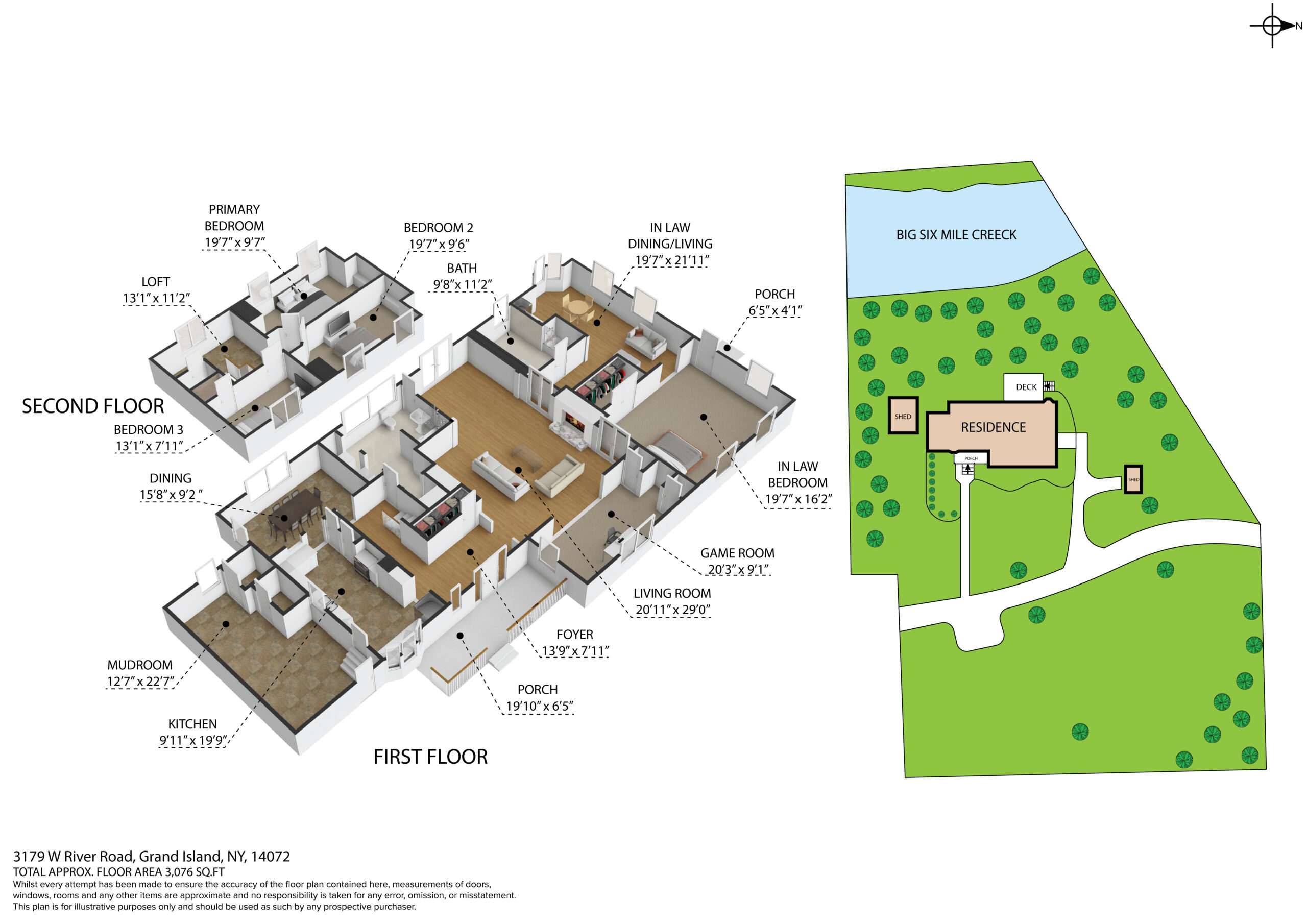 3D floor plan with lot layout of Grand Island New York property by Chris Kivi with RealtyPix360